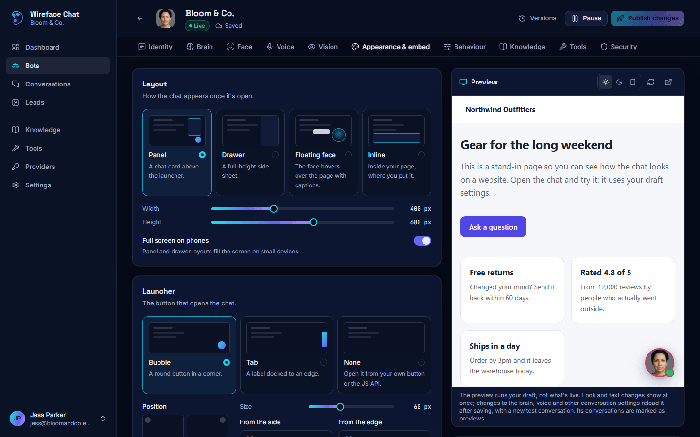 The Appearance & embed tab: layout and launcher settings on the left, and the preview of the chat on a stand-in page on the right