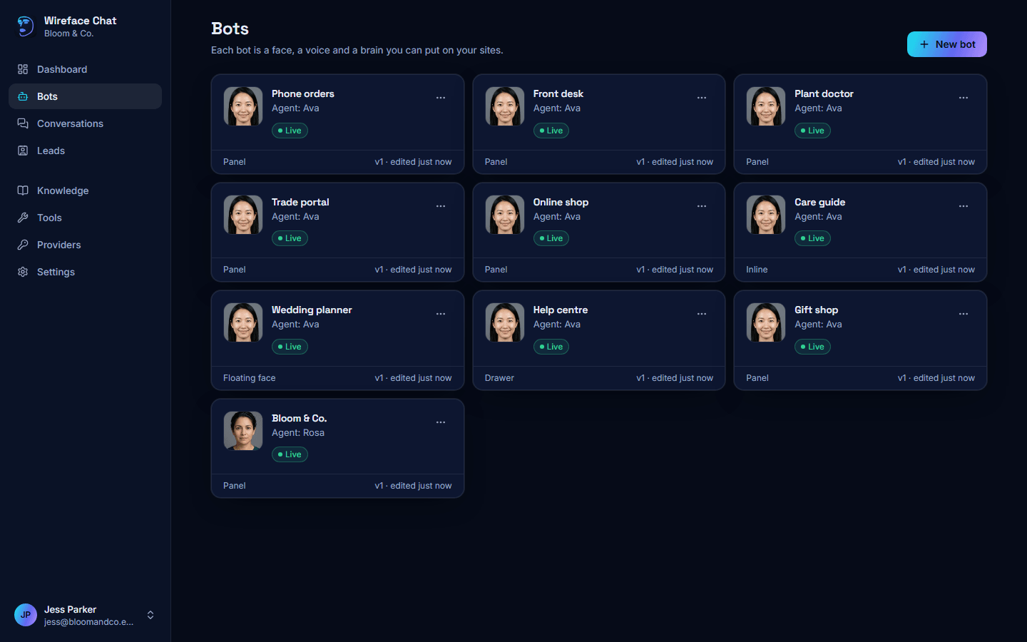The Bots page: a grid of bot cards, each with a face, the bot's name, its agent's name, a Live badge and its layout