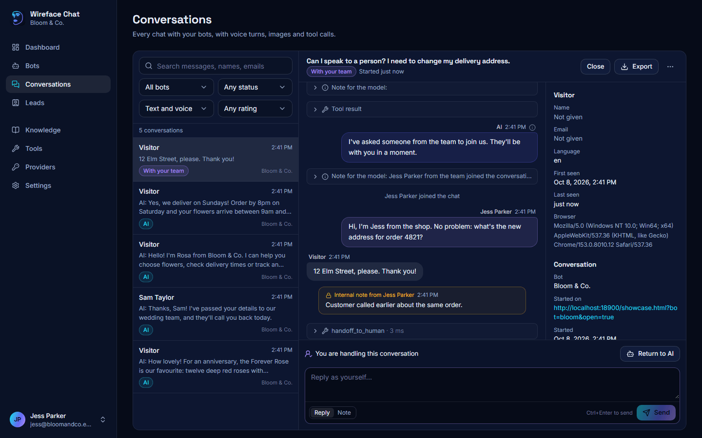 The Conversations page: the list with filters on the left, a transcript with a team member's reply and an internal note in the middle, and the visitor's details on the right