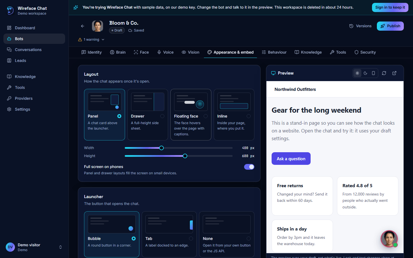 A demo workspace: the banner at the top says what it is, above the sample bot's editor and its live preview