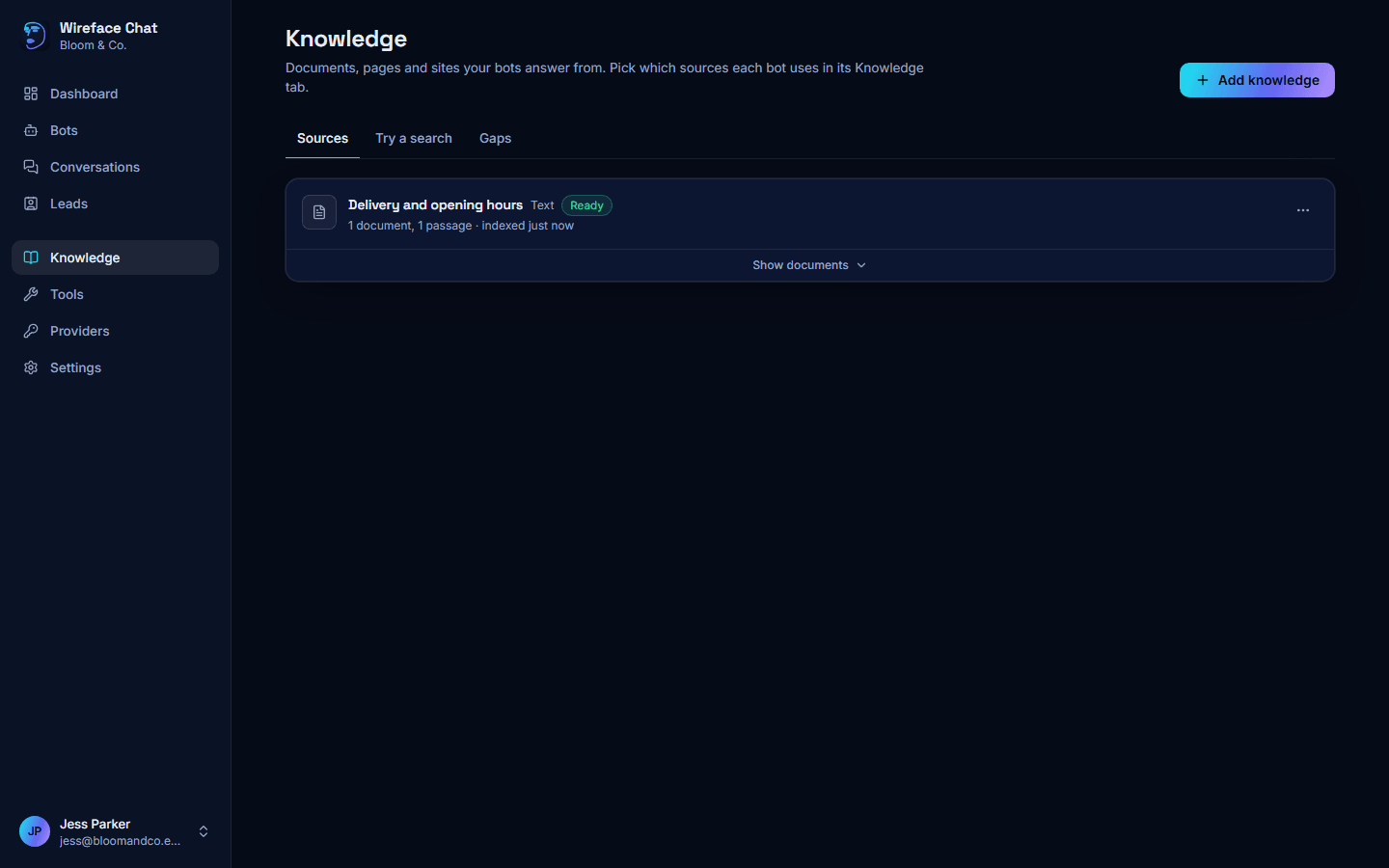 The Knowledge page, with its Sources, Try a search and Gaps tabs, and one ready text source