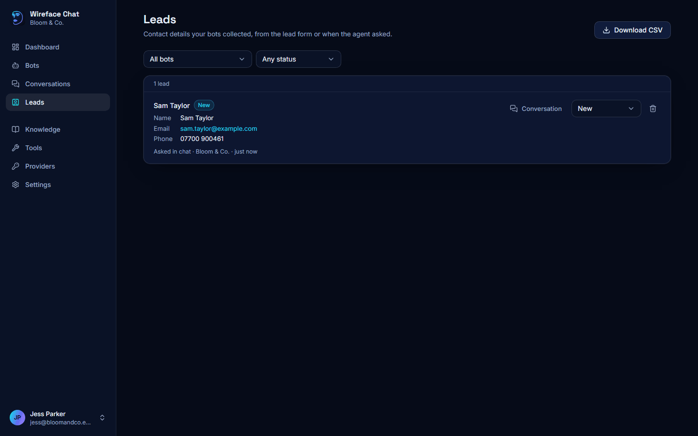 The Leads page: one lead, Sam Taylor, with a name, email and phone number, a Conversation link and a New status