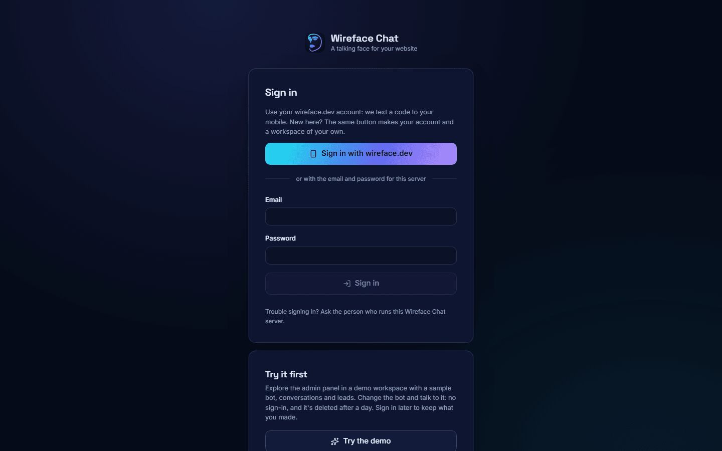 The sign-in page, with the Sign in with wireface.dev button above the email and password boxes