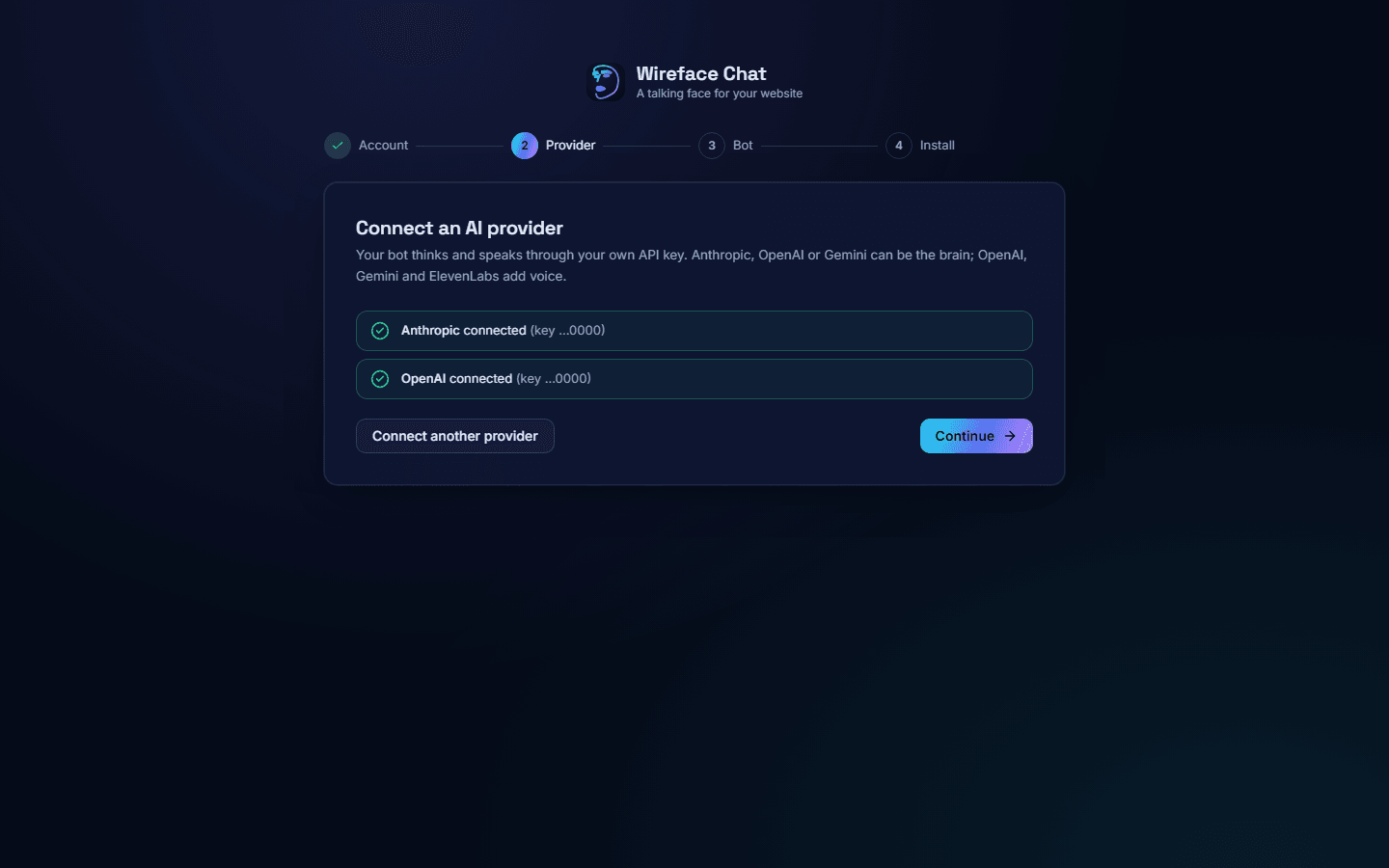 The setup's Provider step, with Anthropic and OpenAI connected and a Continue button