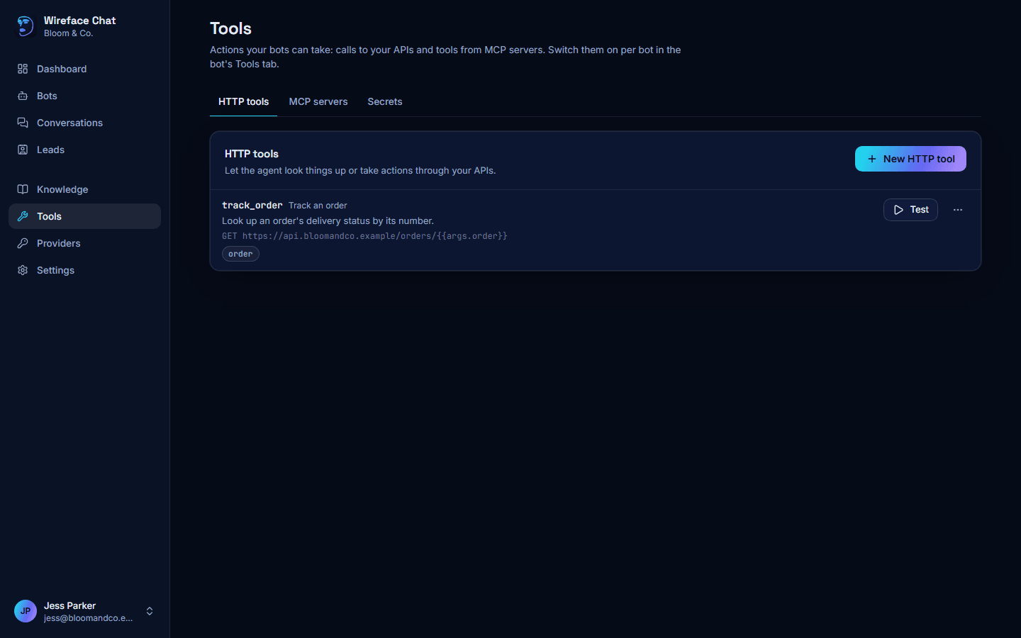 The Tools page, with its HTTP tools, MCP servers and Secrets tabs, and one HTTP tool called track_order