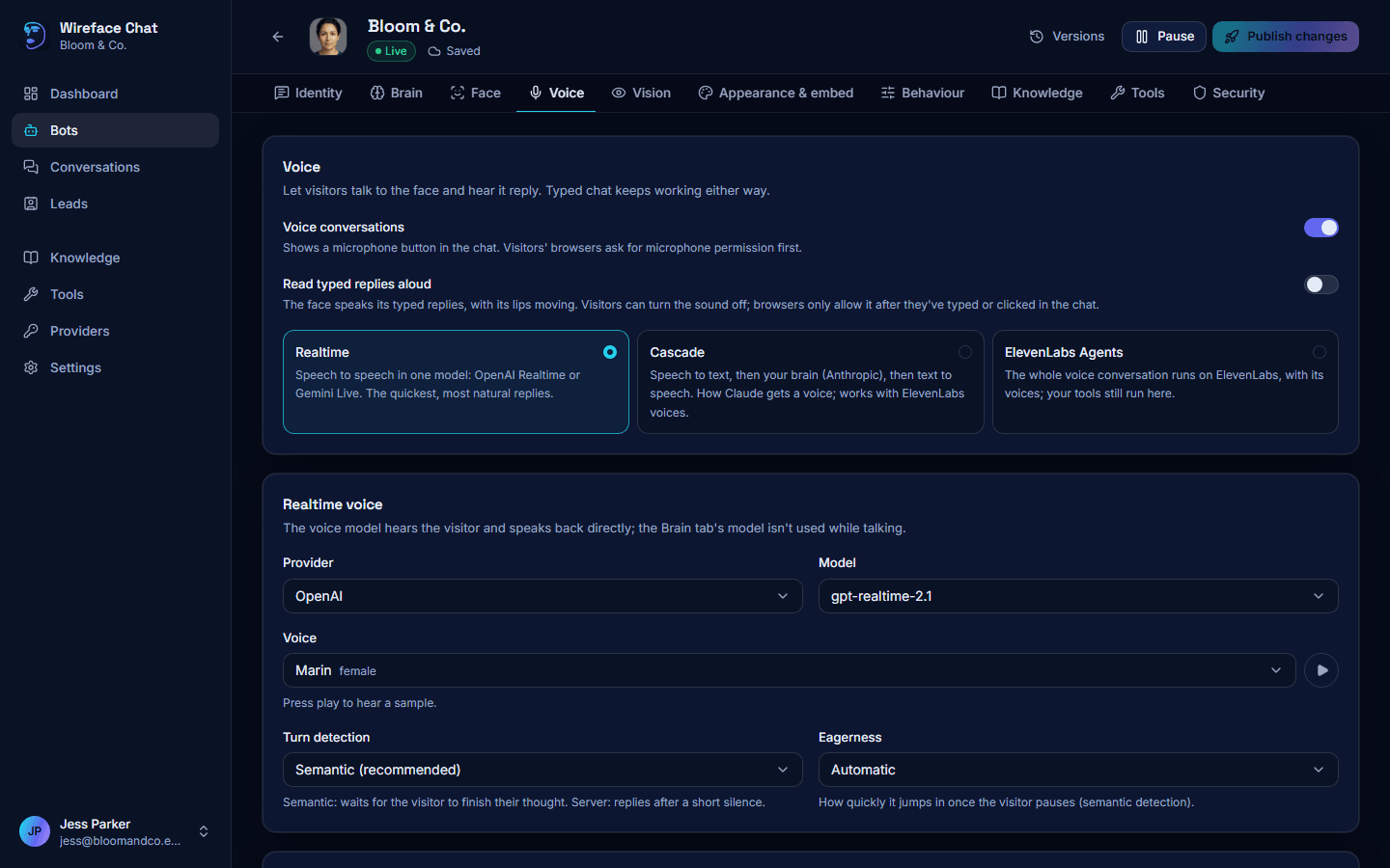 The Voice tab: the Voice conversations and Read typed replies aloud switches, the three voice engines, and the Realtime voice settings
