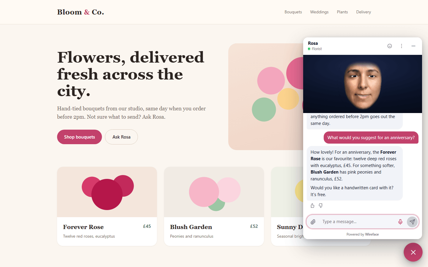 Wireface Chat on a florist's website